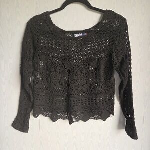 Vintage Y2K 90s DAM Womens Medium Open Crochet Knit Long Sleeve Crop Top Black